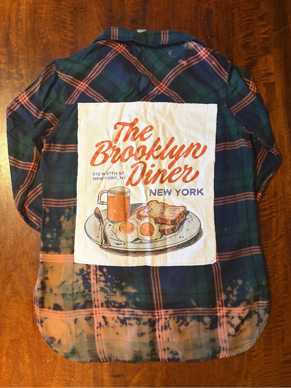 Upcycled Brooklyn Diner Splatter Bleach Dyed Green & Rust Plaid Flannel Size XS
